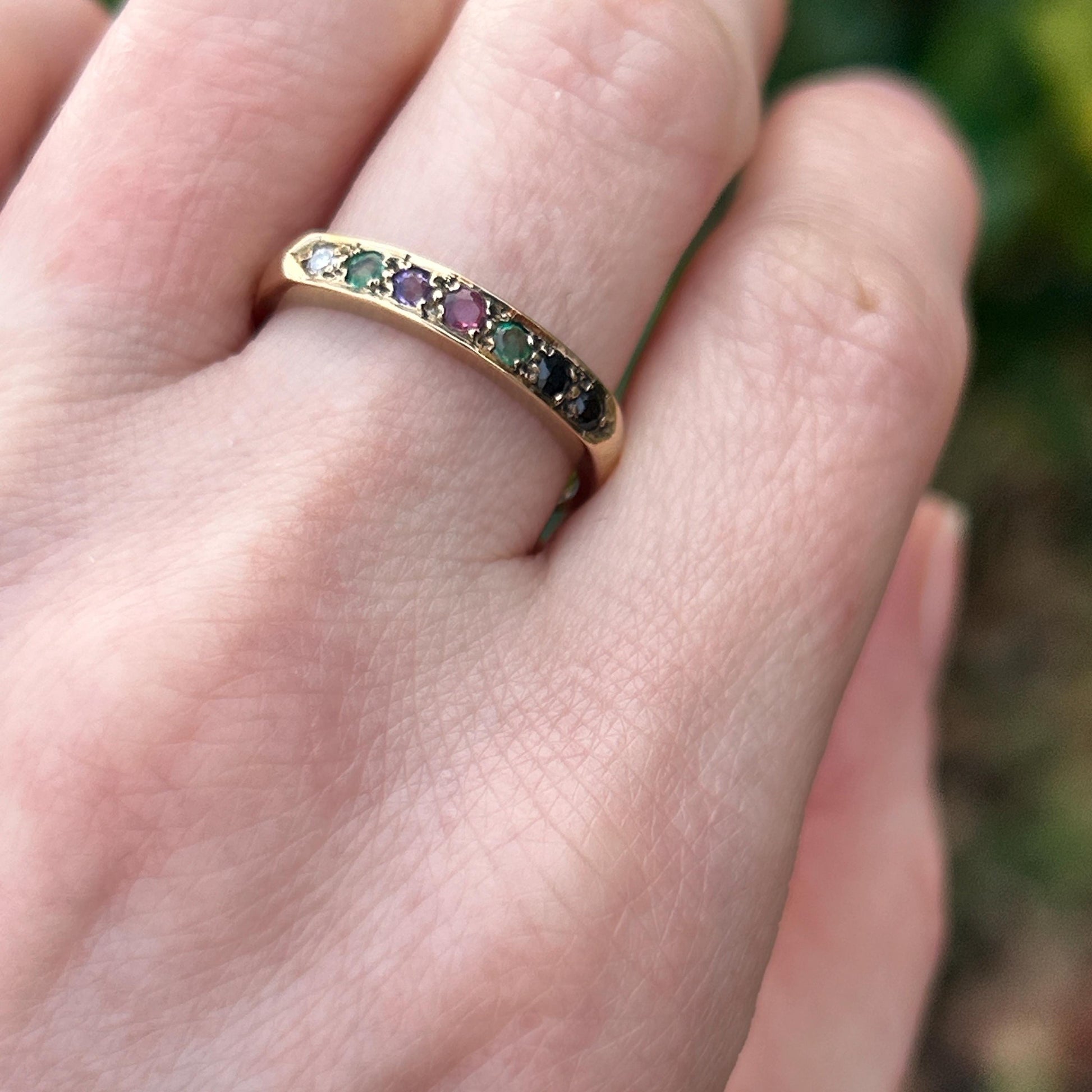 Vintage 9ct Gold Multi stone Eternity Ring Acrostic Jewellery DEAREST Antique Inspired Jewellery UK: N / US 7