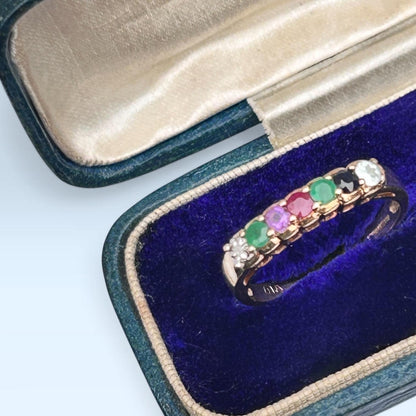 Vintage 9ct Gold Multi stone Eternity Ring Acrostic Jewellery DEAREST Antique Inspired Jewellery UK: N / US 7