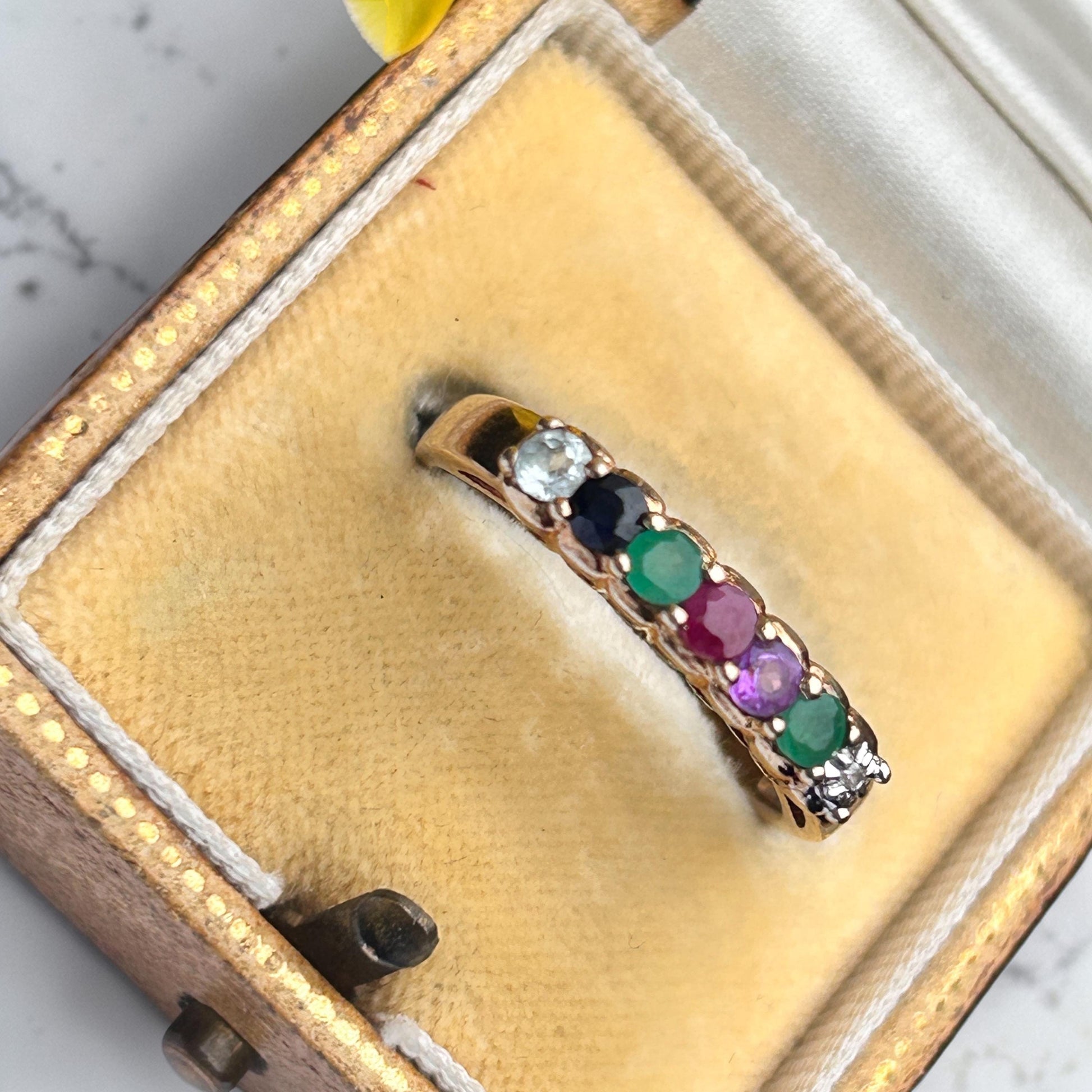 Vintage 9ct Gold Multi stone Eternity Ring Acrostic Jewellery DEAREST Antique Inspired Jewellery UK: N / US 7