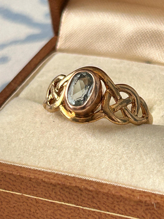 Vintage Clogau Aquamarine Celtic Ring 9ct Yellow and Rose Gold size UK P / US 8 - March Birthstone