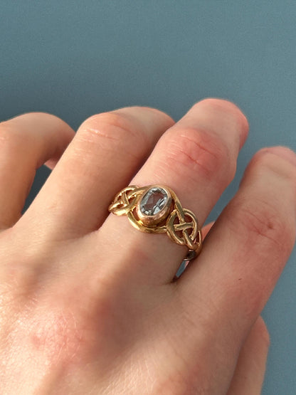 Vintage Clogau Aquamarine Celtic Ring 9ct Yellow and Rose Gold size UK P / US 8 - March Birthstone