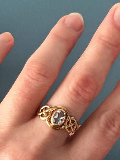 Vintage Clogau Aquamarine Celtic Ring 9ct Yellow and Rose Gold size UK P / US 8 - March Birthstone