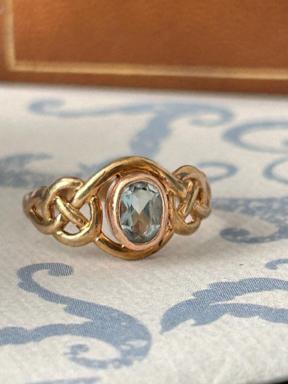 Vintage Clogau Aquamarine Celtic Ring 9ct Yellow and Rose Gold size UK P / US 8 - March Birthstone