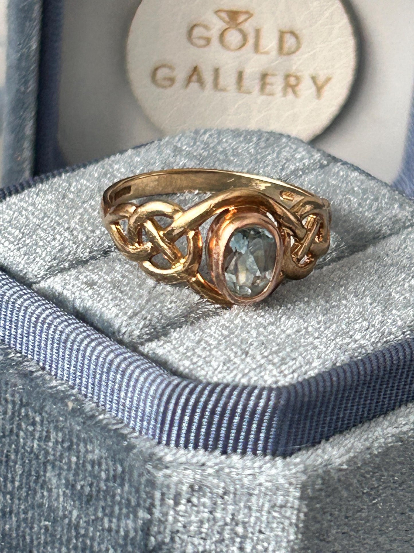Vintage Clogau Aquamarine Celtic Ring 9ct Yellow and Rose Gold size UK P / US 8 - March Birthstone