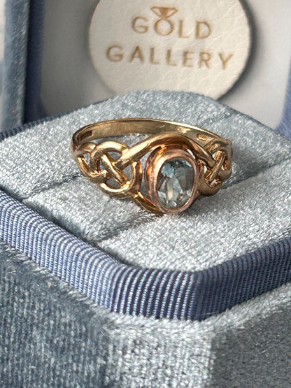 Vintage Clogau Aquamarine Celtic Ring 9ct Yellow and Rose Gold size UK P / US 8 - March Birthstone
