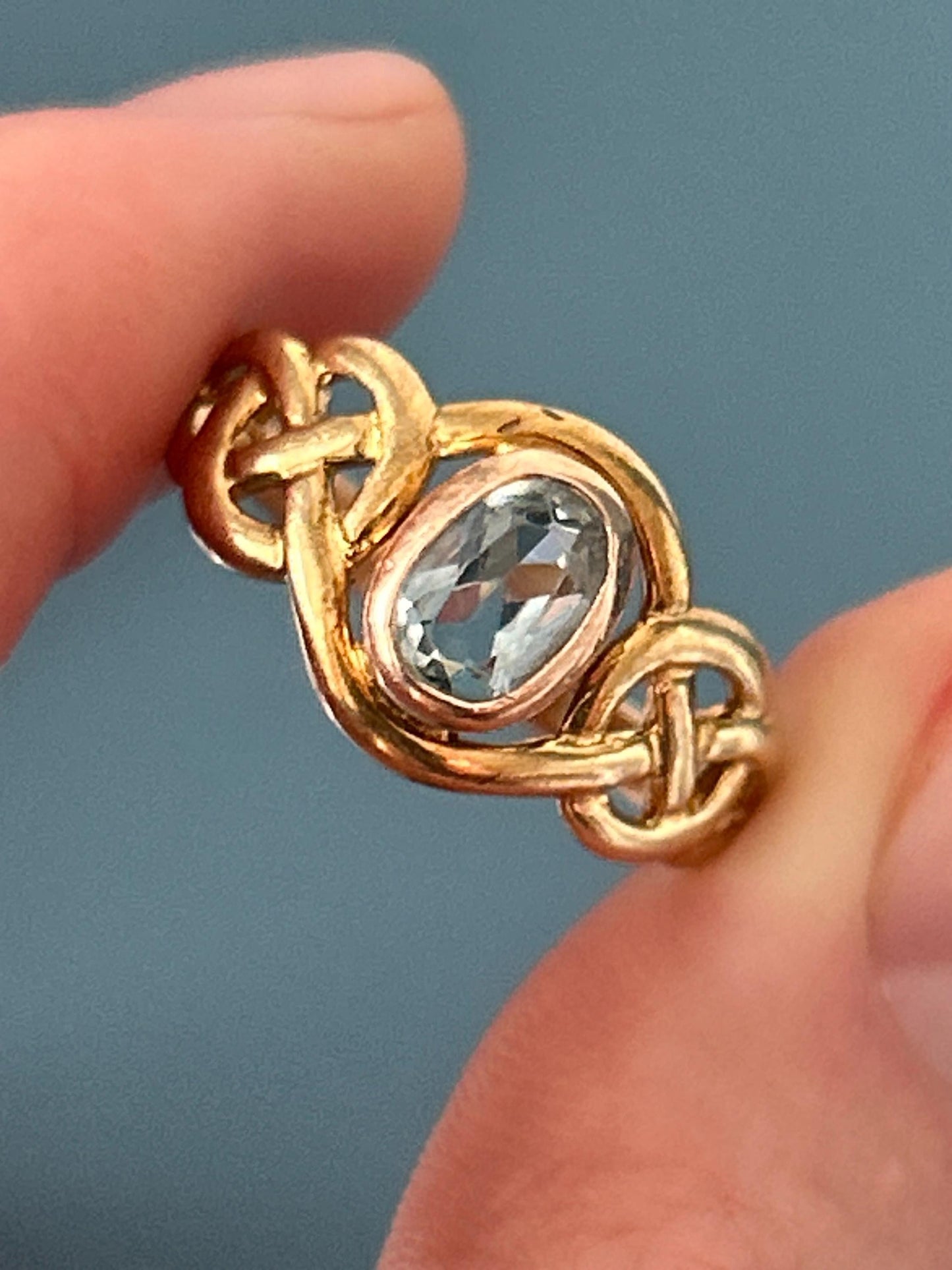 Vintage Clogau Aquamarine Celtic Ring 9ct Yellow and Rose Gold size UK P / US 8 - March Birthstone