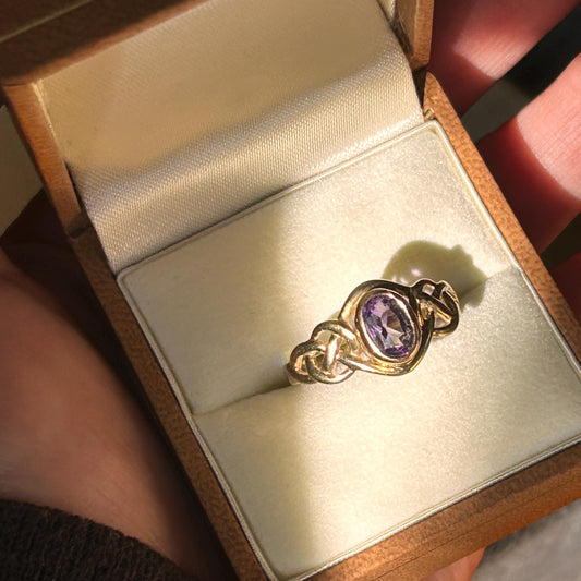 Vintage Clogau 9ct Yellow and Rose Gold Amethyst Celtic Ring Size UK P /US 8 - Welsh Gold