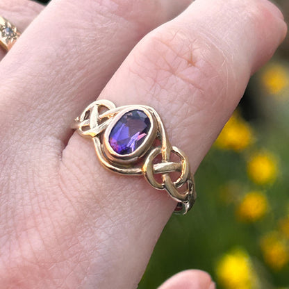 Vintage Clogau 9ct Yellow and Rose Gold Amethyst Celtic Ring Size UK P /US 8 - Welsh Gold