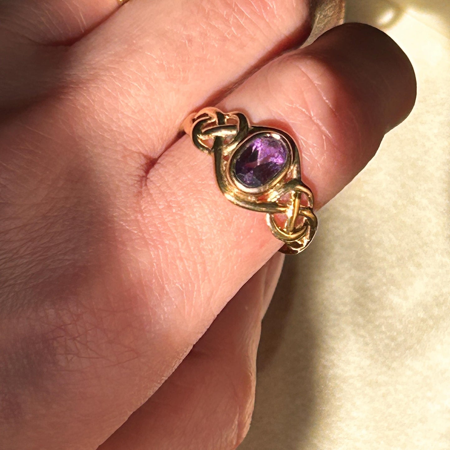 Vintage Clogau 9ct Yellow and Rose Gold Amethyst Celtic Ring Size UK P /US 8 - Welsh Gold