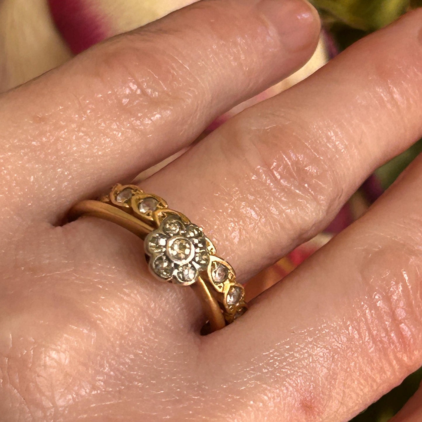 Art Deco 18ct Gold Diamond Flower Solitaire Ring UK O US 7.5 - Antique Jewelry Heirloom/ Engagement Ring