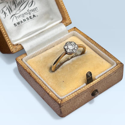 Art Deco 18ct Gold Diamond Flower Solitaire Ring UK O US 7.5 - Antique Jewelry Heirloom/ Engagement Ring