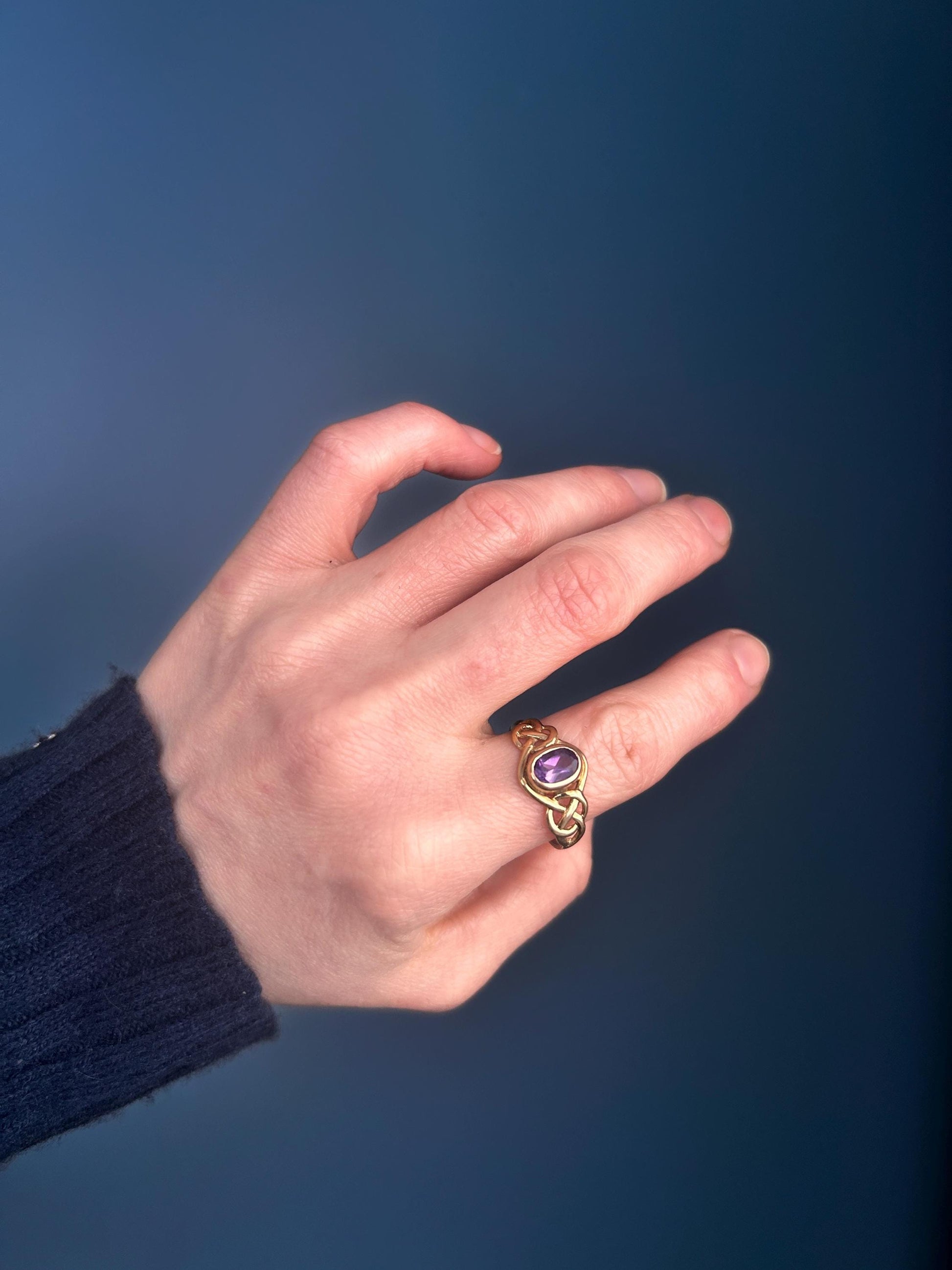 Vintage Clogau 9ct Yellow and Rose Gold Amethyst Celtic Ring Size UK P /US 8 - Welsh Gold