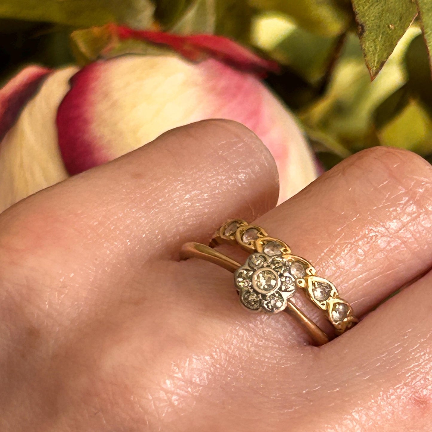 Art Deco 18ct Gold Diamond Flower Solitaire Ring UK O US 7.5 - Antique Jewelry Heirloom/ Engagement Ring