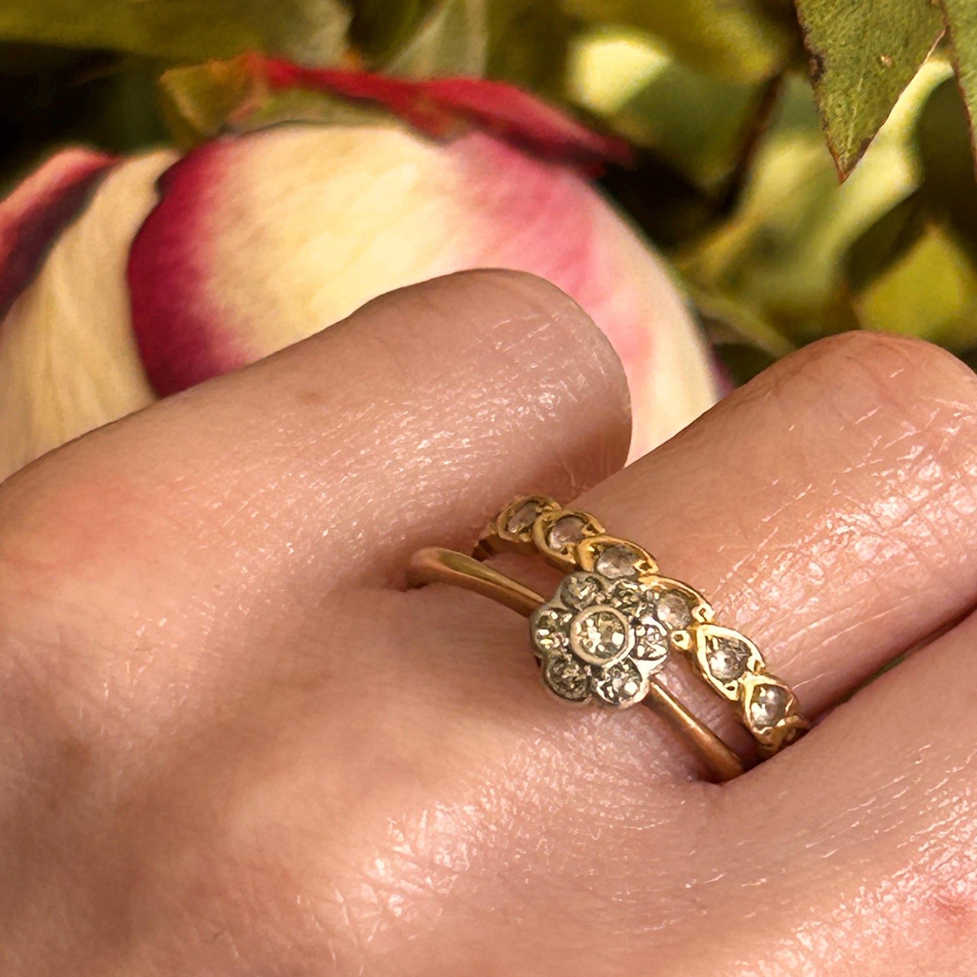 Art Deco 18ct Gold Diamond Flower Solitaire Ring UK O US 7.5 - Antique Jewelry Heirloom/ Engagement Ring