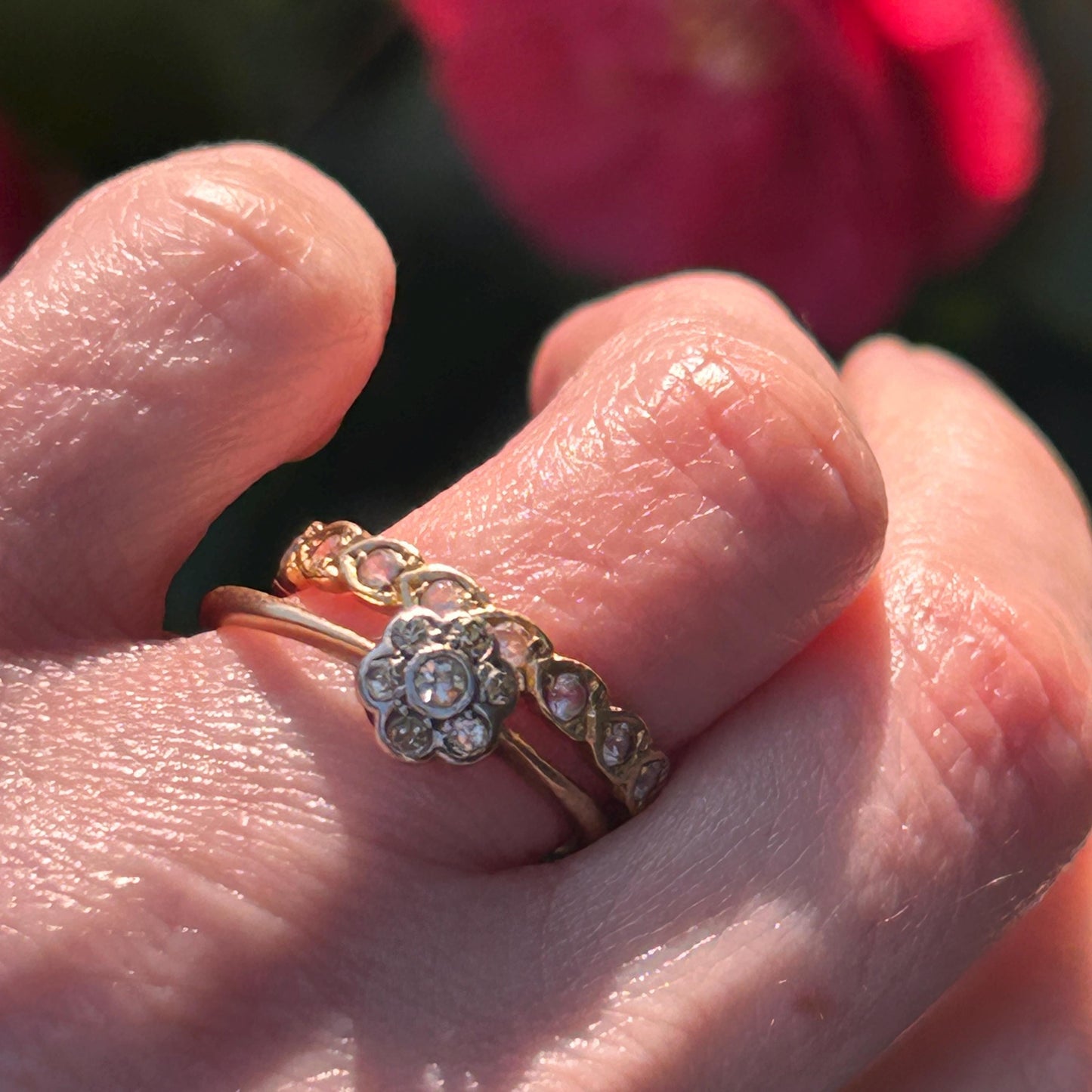 Art Deco 18ct Gold Diamond Flower Solitaire Ring UK O US 7.5 - Antique Jewelry Heirloom/ Engagement Ring