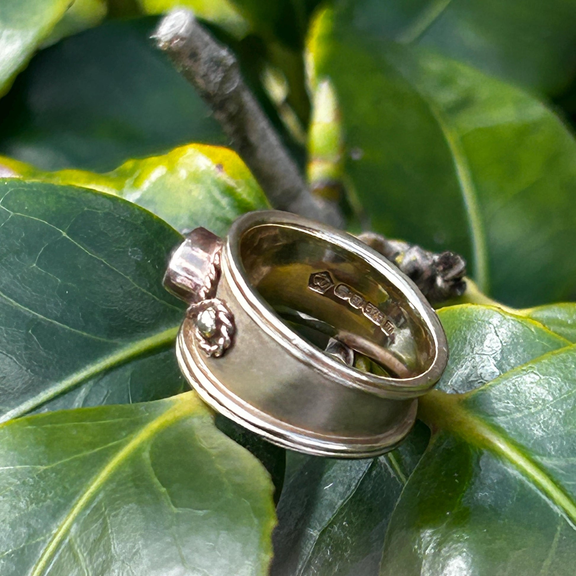 Vintage 9ct Gold Early 1990s Clogau Amethyst Wide Band Ring Byzantine Style - Welsh Gold Ring Size Q / 8.5 Heirloom Estate Jewelry