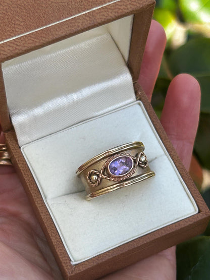 Vintage 9ct Gold Early 1990s Clogau Amethyst Wide Band Ring Byzantine Style - Welsh Gold Ring Size Q / 8.5 Heirloom Estate Jewelry