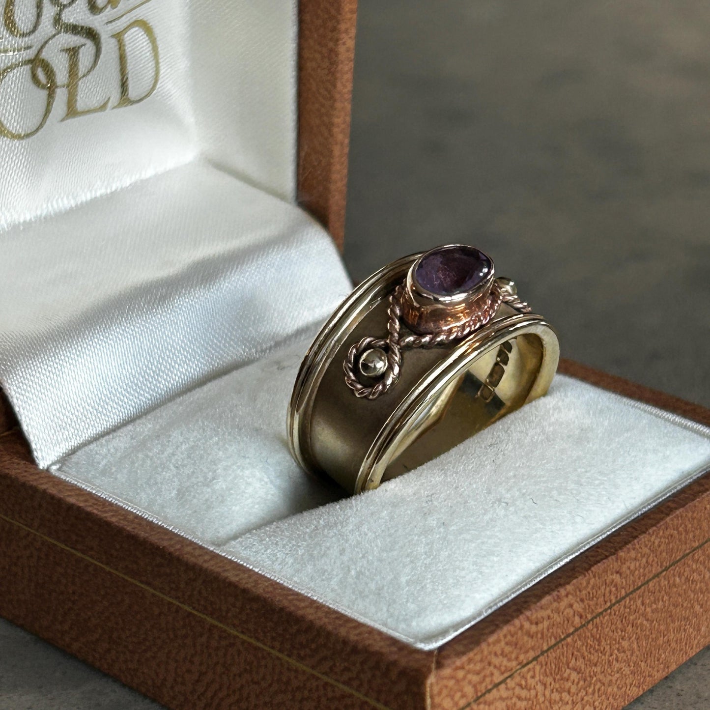Vintage 9ct Gold Early 1990s Clogau Amethyst Wide Band Ring Byzantine Style - Welsh Gold Ring Size Q / 8.5 Heirloom Estate Jewelry