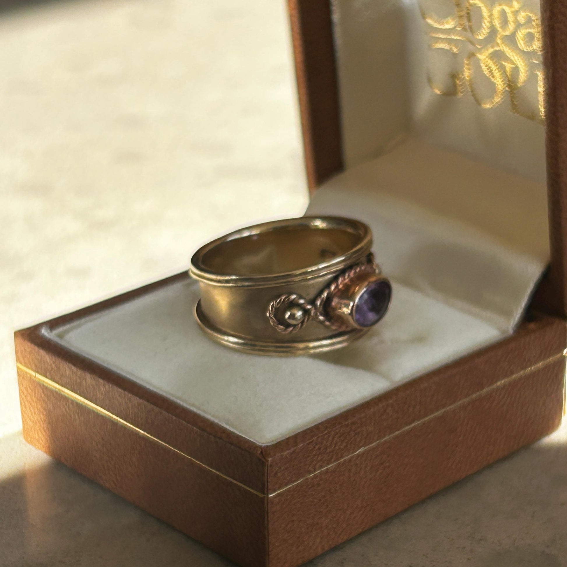 Vintage 9ct Gold Early 1990s Clogau Amethyst Wide Band Ring Byzantine Style - Welsh Gold Ring Size Q / 8.5 Heirloom Estate Jewelry