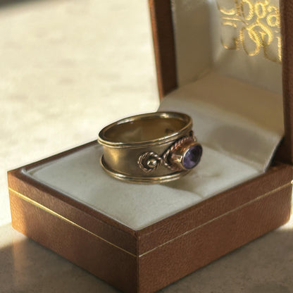 Vintage 9ct Gold Early 1990s Clogau Amethyst Wide Band Ring Byzantine Style - Welsh Gold Ring Size Q / 8.5 Heirloom Estate Jewelry