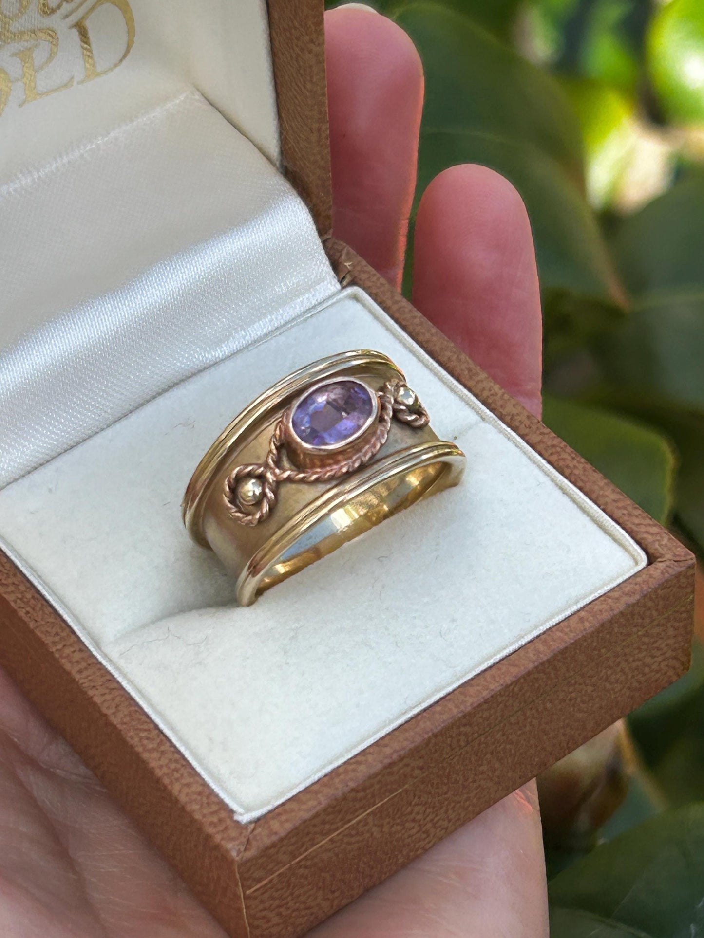 Vintage 9ct Gold Early 1990s Clogau Amethyst Wide Band Ring Byzantine Style - Welsh Gold Ring Size Q / 8.5 Heirloom Estate Jewelry