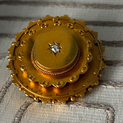 Antique Victorian Mourning Brooch | 15ct Yellow Gold | Old Cushion Cut Diamond | Star Set | Late 19th Century Jewellery