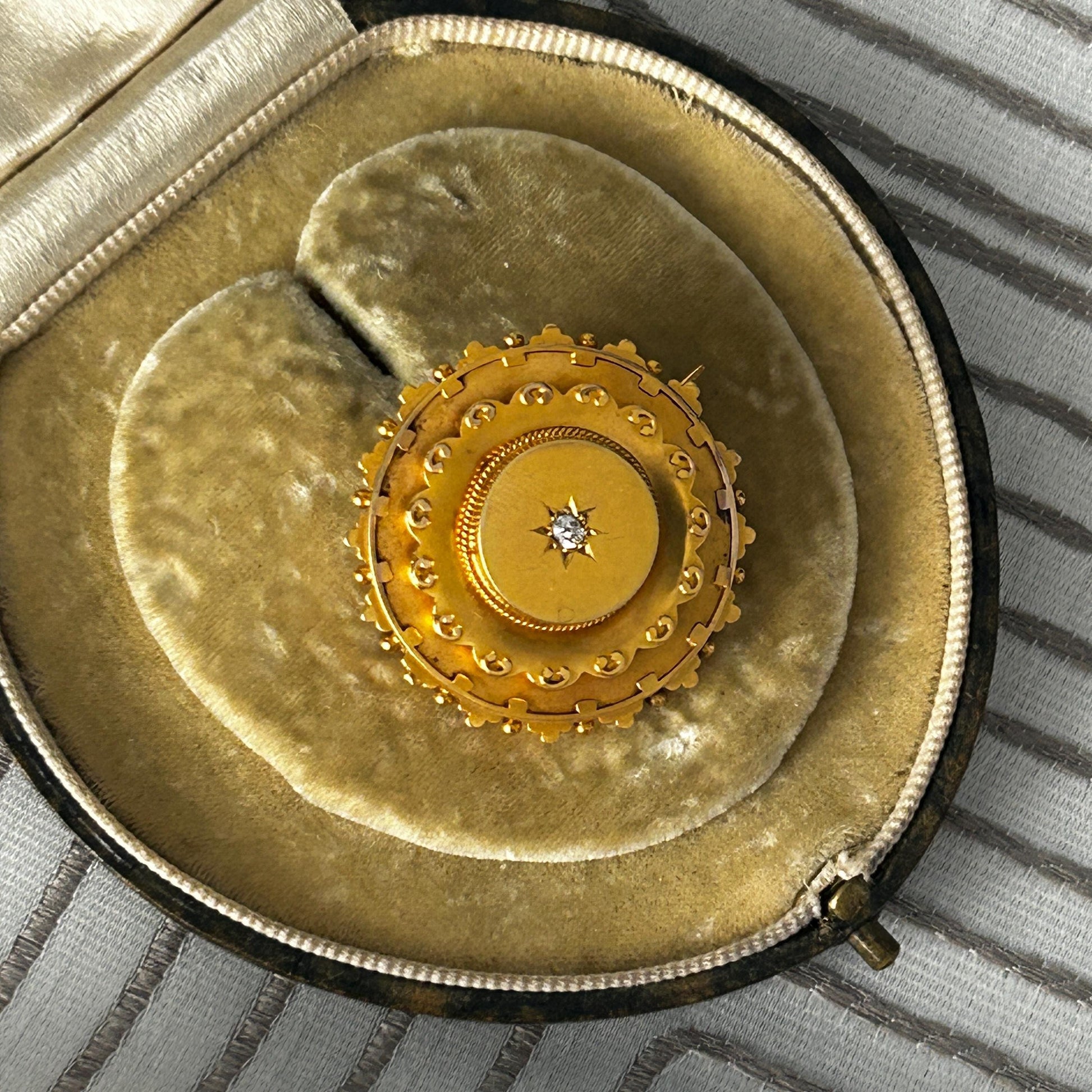 Antique Victorian Mourning Brooch | 15ct Yellow Gold | Old Cushion Cut Diamond | Star Set | Late 19th Century Jewellery