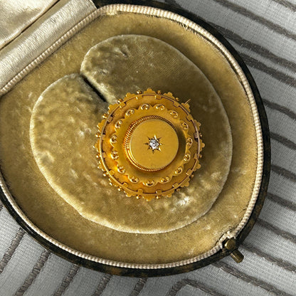 Antique Victorian Mourning Brooch | 15ct Yellow Gold | Old Cushion Cut Diamond | Star Set | Late 19th Century Jewellery