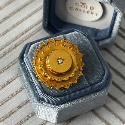 Antique Victorian Mourning Brooch | 15ct Yellow Gold | Old Cushion Cut Diamond | Star Set | Late 19th Century Jewellery