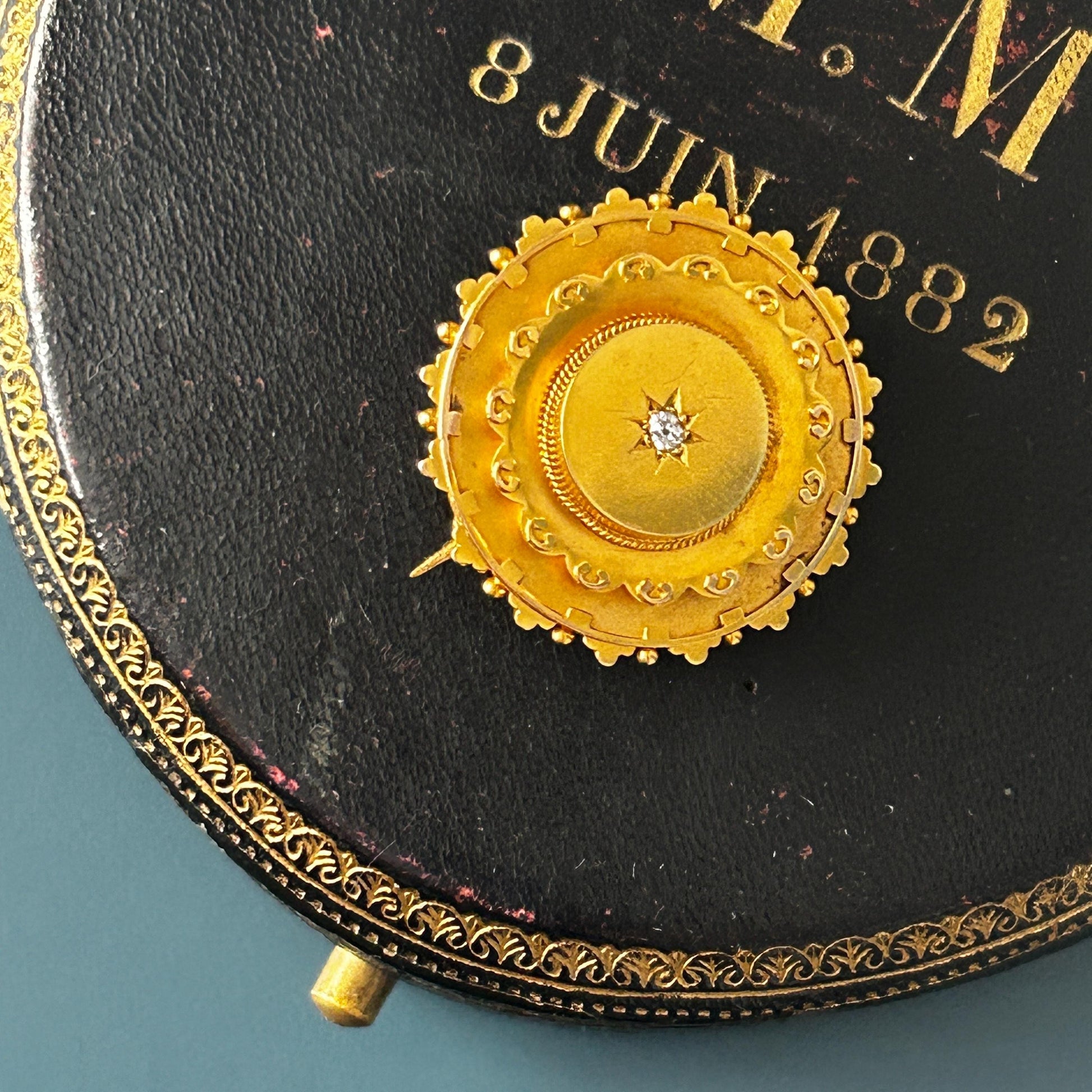 Antique Victorian Mourning Brooch | 15ct Yellow Gold | Old Cushion Cut Diamond | Star Set | Late 19th Century Jewellery