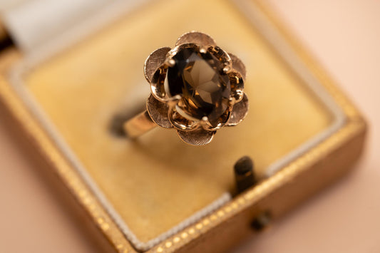 Vintage smokey quartz 1970s Ring - English Old Gold Heirloom UK J / US 5