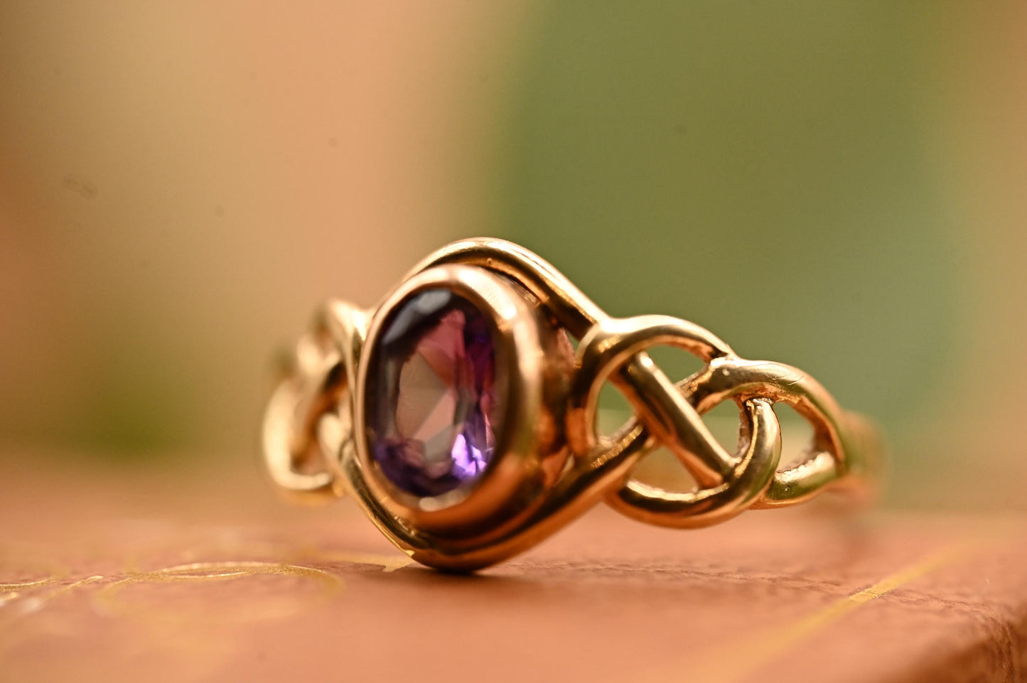 Vintage Clogau 9ct Yellow and Rose Gold Amethyst Celtic Ring Size UK P /US 8 - Welsh Gold