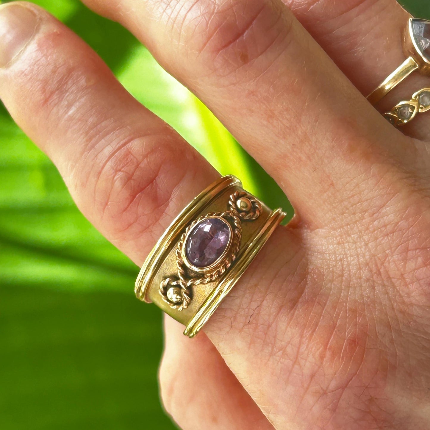 Vintage 9ct Gold Early 1990s Clogau Amethyst Wide Band Ring Byzantine Style - Welsh Gold Ring Size Q / 8.5 Heirloom Estate Jewelry