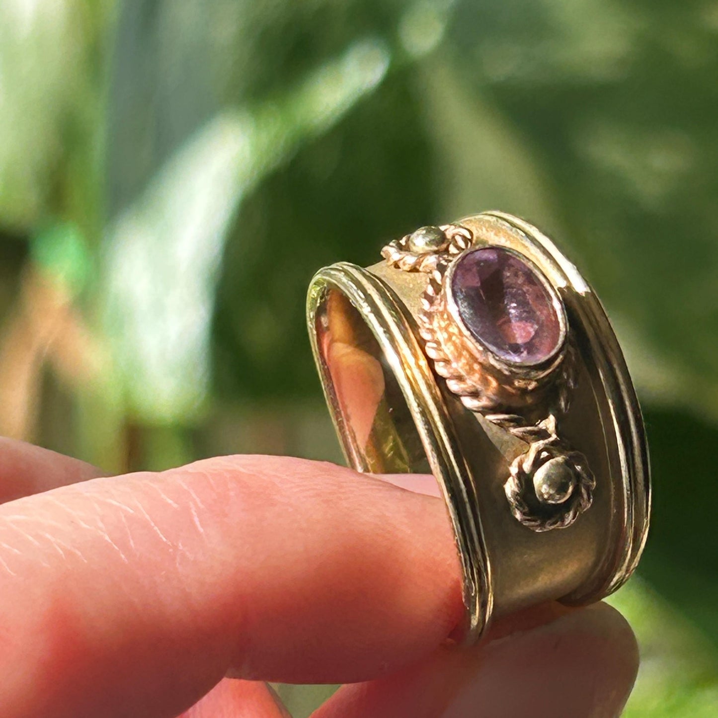 Vintage 9ct Gold Early 1990s Clogau Amethyst Wide Band Ring Byzantine Style - Welsh Gold Ring Size Q / 8.5 Heirloom Estate Jewelry