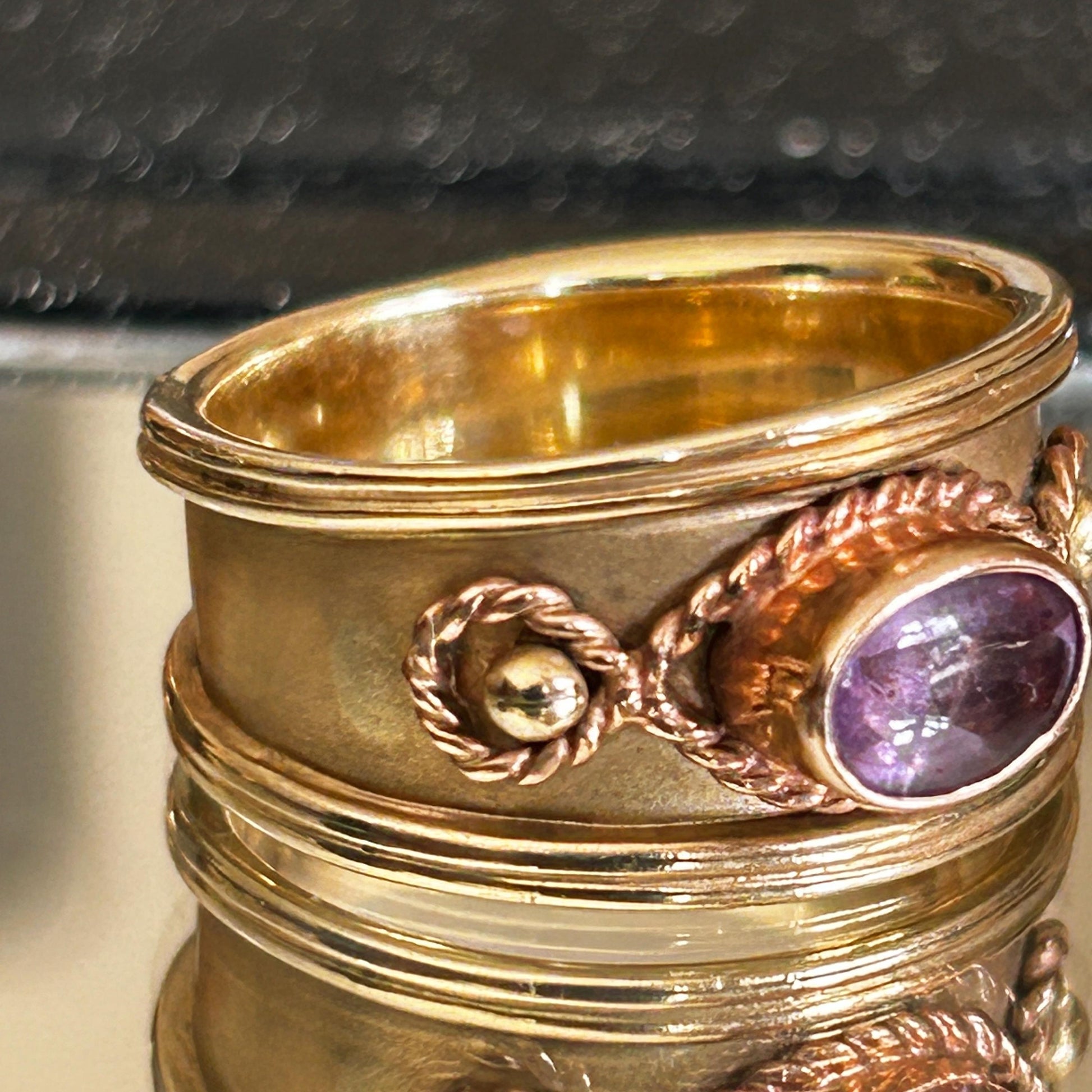 Vintage 9ct Gold Early 1990s Clogau Amethyst Wide Band Ring Byzantine Style - Welsh Gold Ring Size Q / 8.5 Heirloom Estate Jewelry