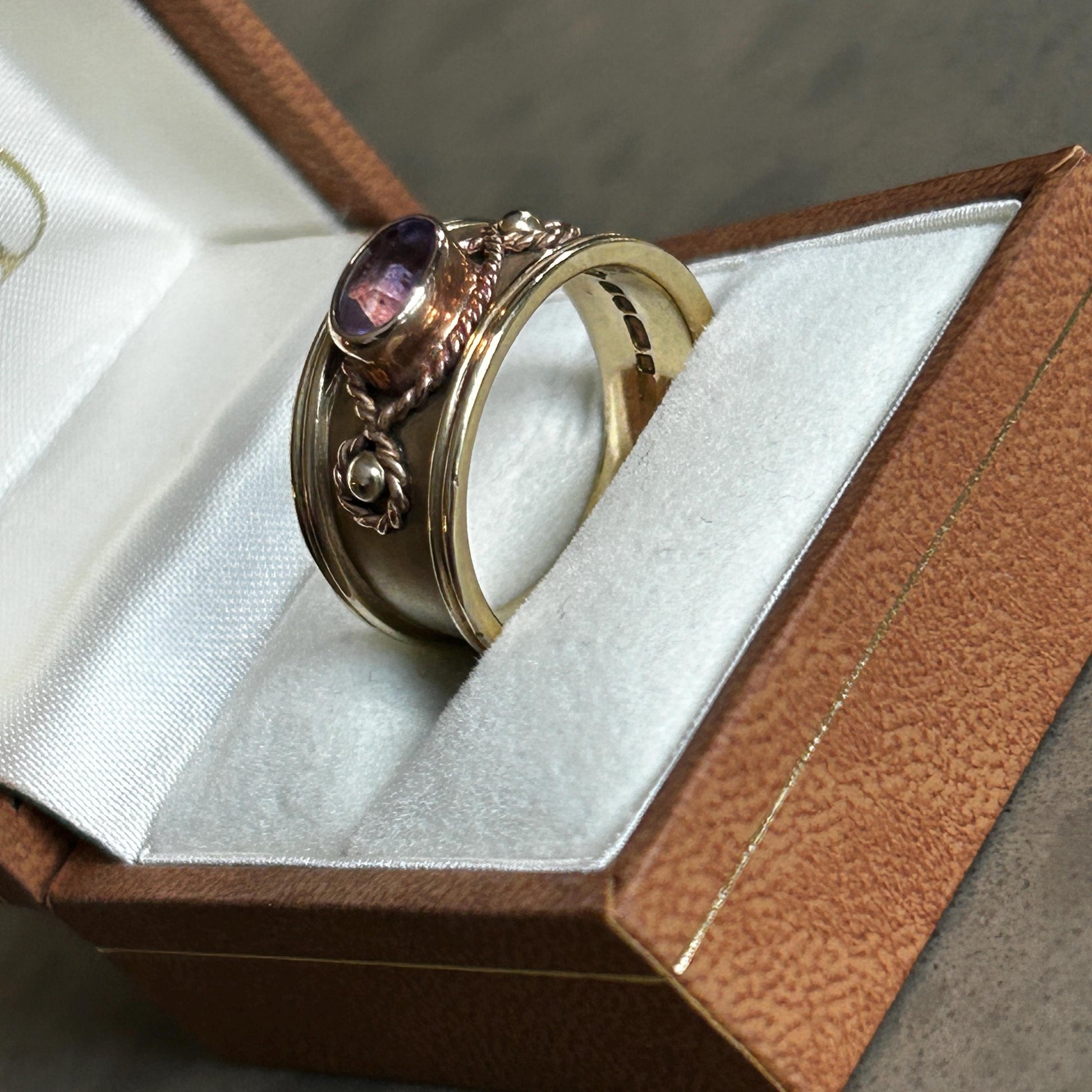 Vintage 9ct Gold Early 1990s Clogau Amethyst Wide Band Ring Byzantine Style - Welsh Gold Ring Size Q / 8.5 Heirloom Estate Jewelry