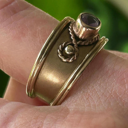 Vintage 9ct Gold Early 1990s Clogau Amethyst Wide Band Ring Byzantine Style - Welsh Gold Ring Size Q / 8.5 Heirloom Estate Jewelry