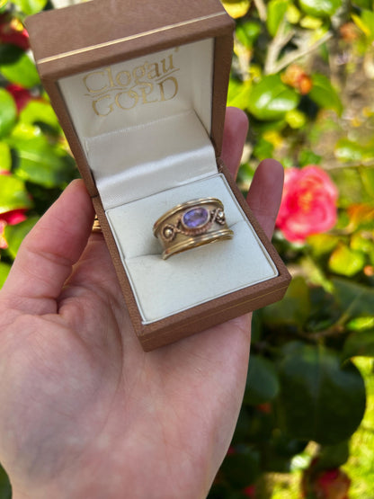 Vintage 9ct Gold Early 1990s Clogau Amethyst Wide Band Ring Byzantine Style - Welsh Gold Ring Size Q / 8.5 Heirloom Estate Jewelry