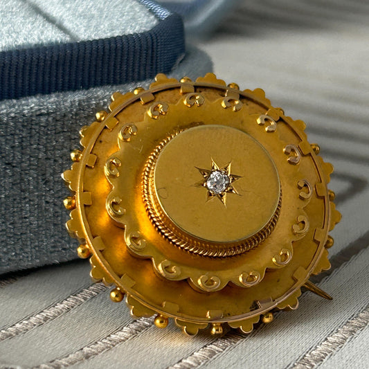 Antique Victorian Mourning Brooch | 15ct Yellow Gold | Old Cushion Cut Diamond | Star Set | Late 19th Century Jewellery