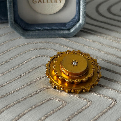 Antique Victorian Mourning Brooch | 15ct Yellow Gold | Old Cushion Cut Diamond | Star Set | Late 19th Century Jewellery