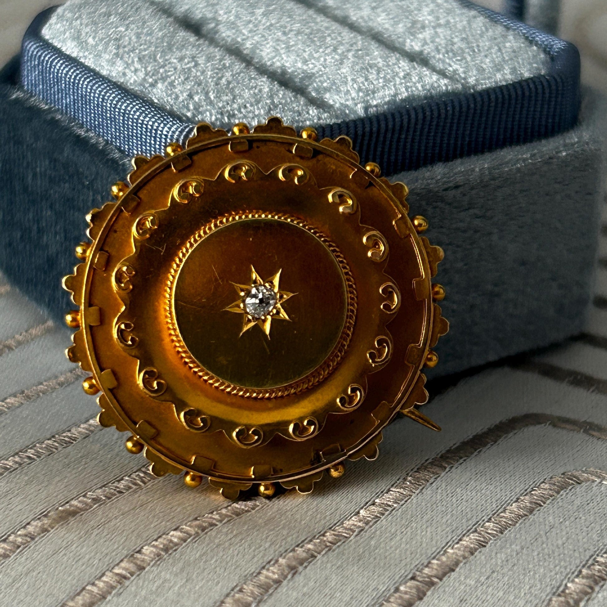 Antique Victorian Mourning Brooch | 15ct Yellow Gold | Old Cushion Cut Diamond | Star Set | Late 19th Century Jewellery