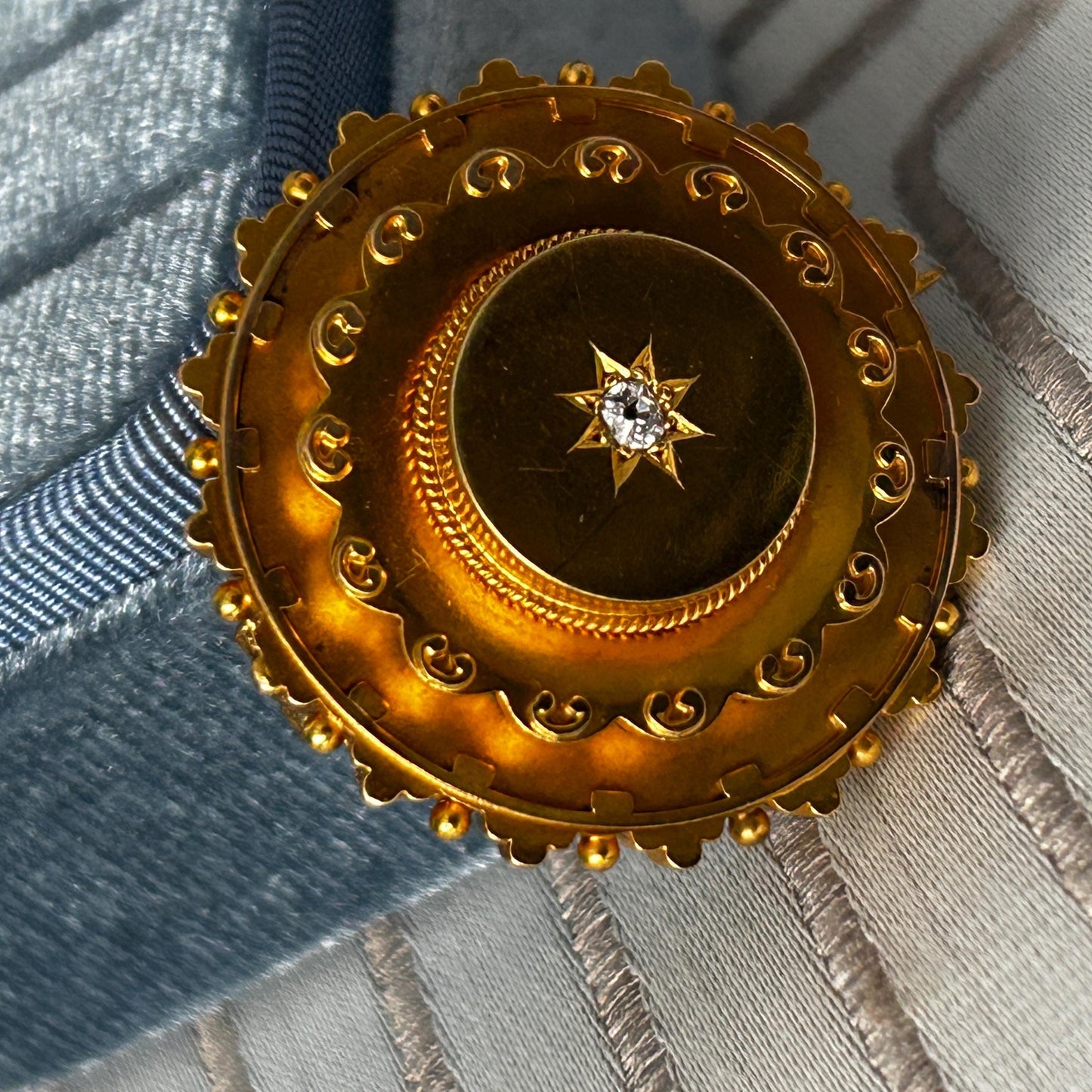 Antique Victorian Mourning Brooch | 15ct Yellow Gold | Old Cushion Cut Diamond | Star Set | Late 19th Century Jewellery