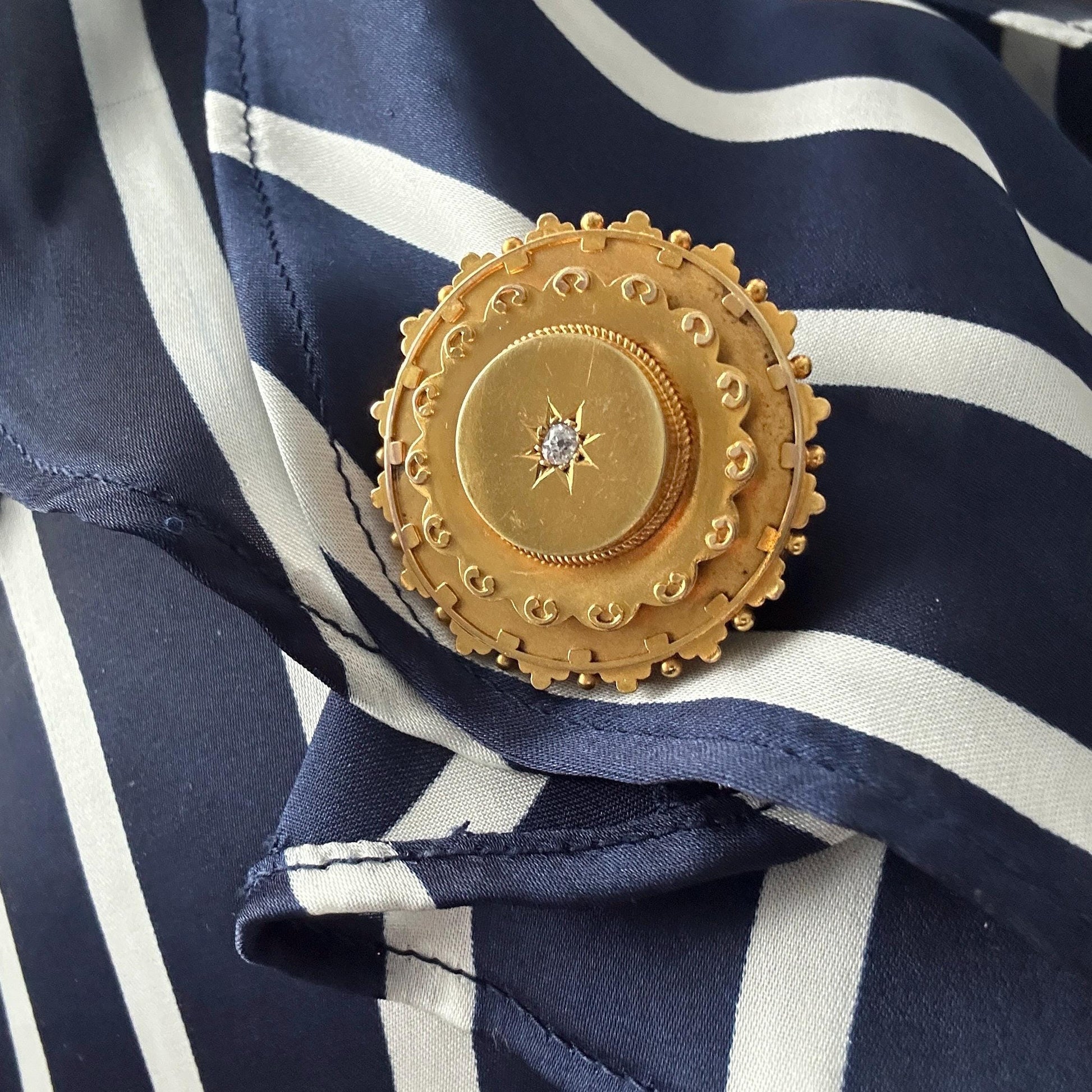 Antique Victorian Mourning Brooch | 15ct Yellow Gold | Old Cushion Cut Diamond | Star Set | Late 19th Century Jewellery