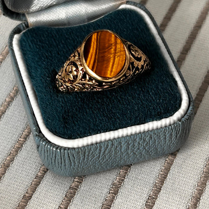 Vintage 9ct Gold Tigers Eye Signet Ring Size V / 11 - Mens Jewelry
