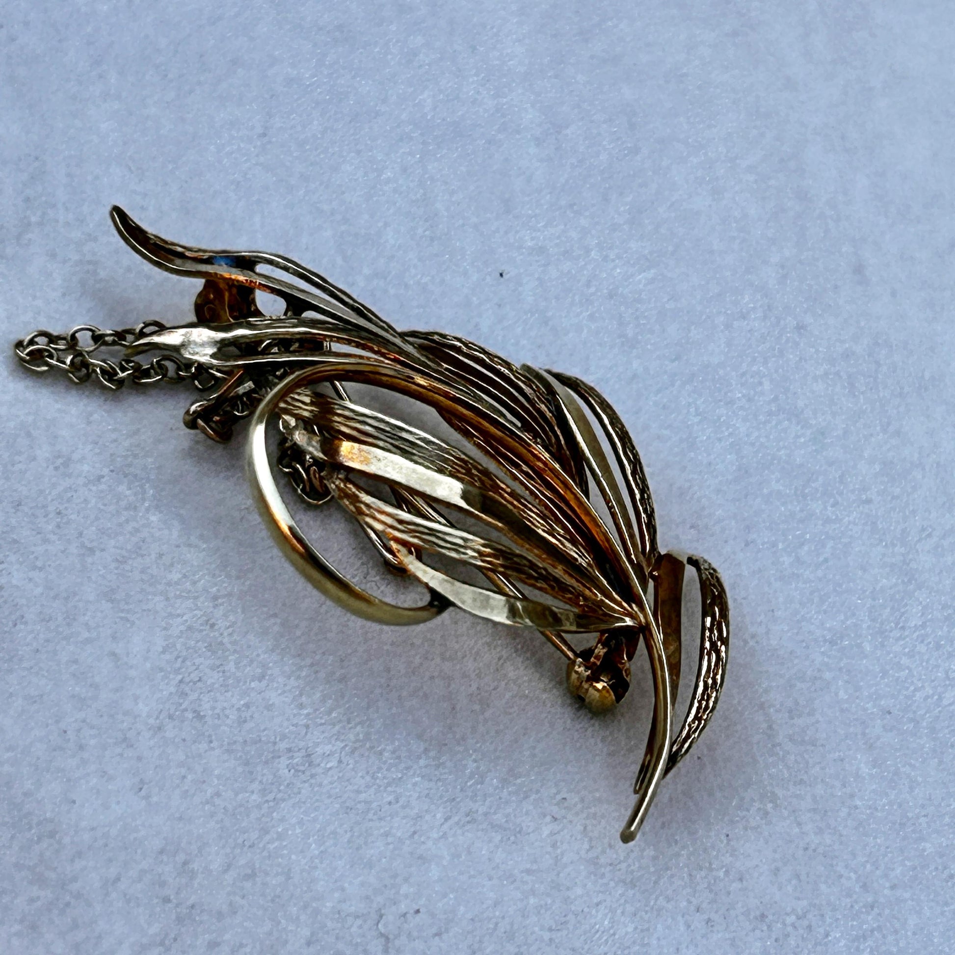 Mid-Century 9ct Gold Brooch Floral Spray Textured Jewellery