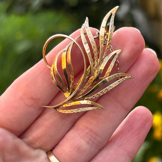 Mid-Century 9ct Gold Brooch Floral Spray Textured Jewellery