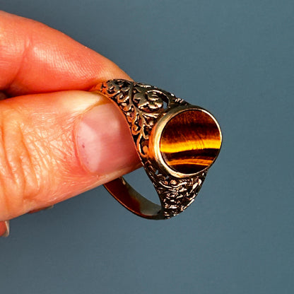 Vintage 9ct Gold Tigers Eye Signet Ring Size V / 11 - Mens Jewelry