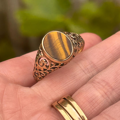 Vintage 9ct Gold Tigers Eye Signet Ring Size V / 11 - Mens Jewelry