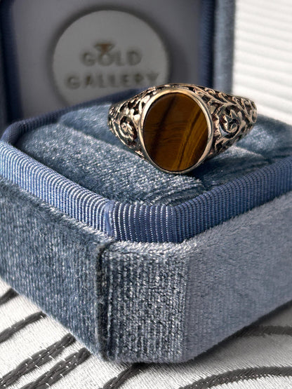 Vintage 9ct Gold Tigers Eye Signet Ring Size V / 11 - Mens Jewelry