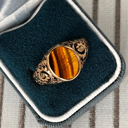 Vintage 9ct Gold Tigers Eye Signet Ring Size V / 11 - Mens Jewelry
